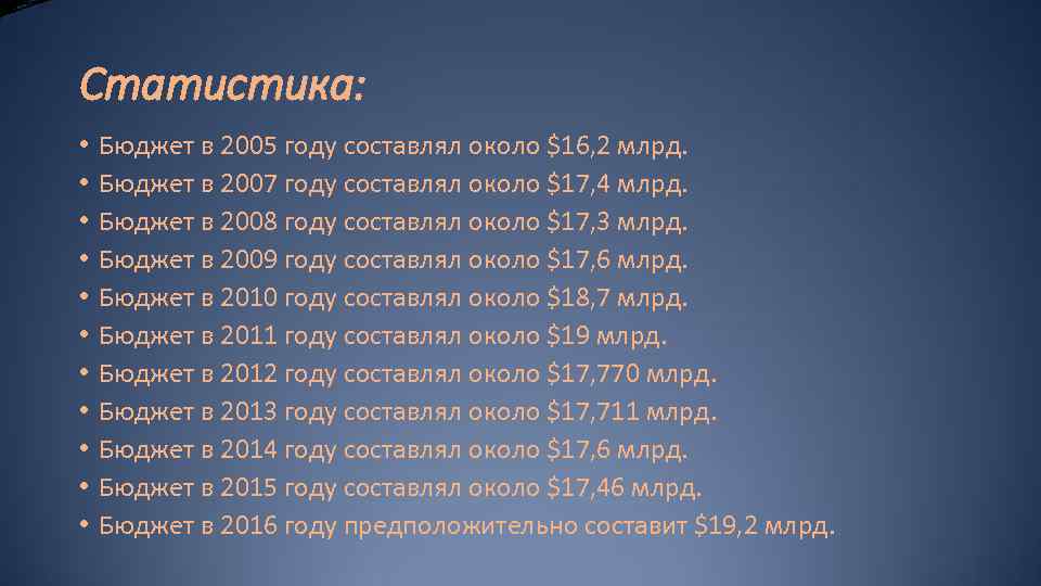 Статистика: • • • Бюджет в 2005 году составлял около $16, 2 млрд. Бюджет