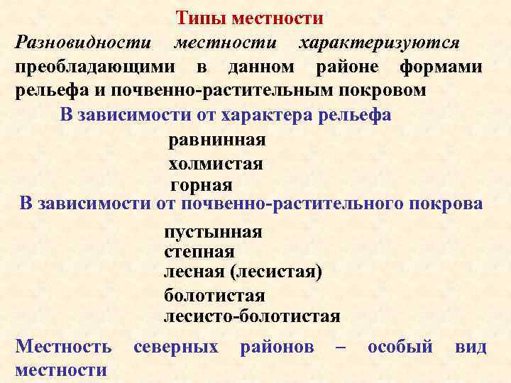 Тип местности. Типы местности. Классификация типов местности. Характеристика местности.