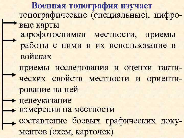 Военная топография изучает топографические (специальные), цифровые карты аэрофотоснимки местности, приемы работы с ними и