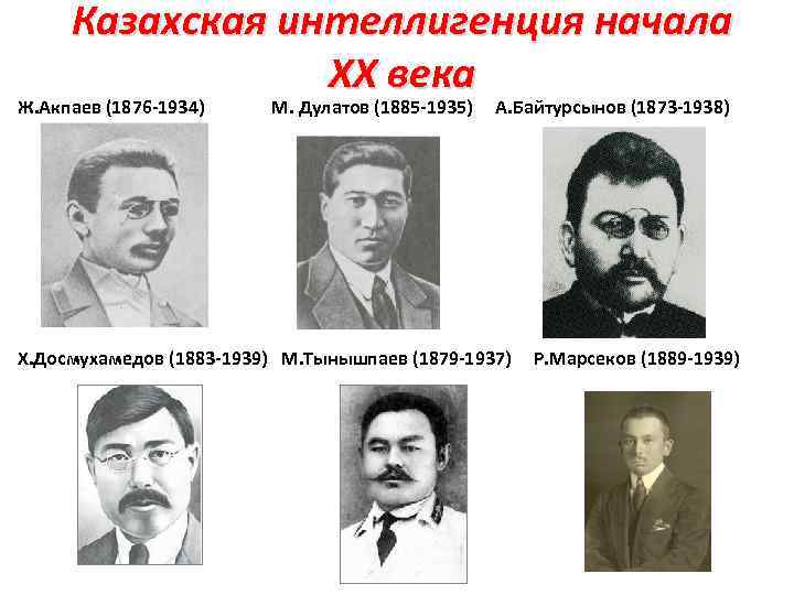 Казахская интеллигенция начала XX века Ж. Акпаев (1876 -1934) М. Дулатов (1885 -1935) А.