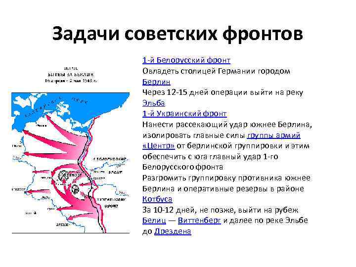 Задачи советских фронтов 1 -й Белорусский фронт Овладеть столицей Германии городом Берлин Через 12