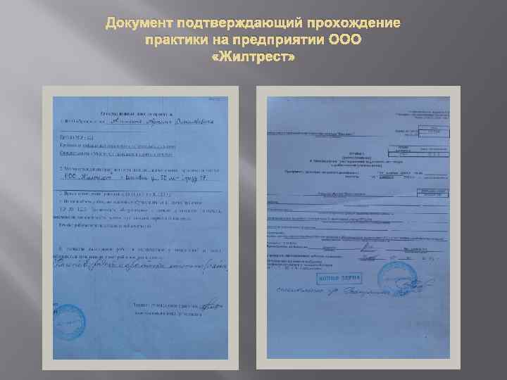 Документ подтверждающий прохождение практики на предприятии ООО «Жилтрест» 