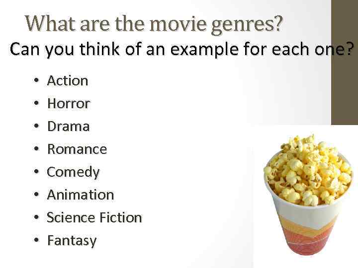 What are the movie genres? Can you think of an example for each one?