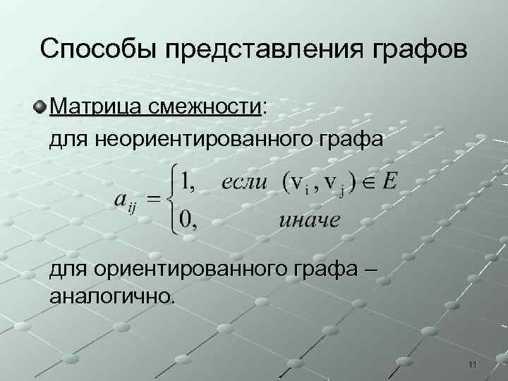 Способы представления графов Матрица смежности: для неориентированного графа для ориентированного графа – аналогично. 11