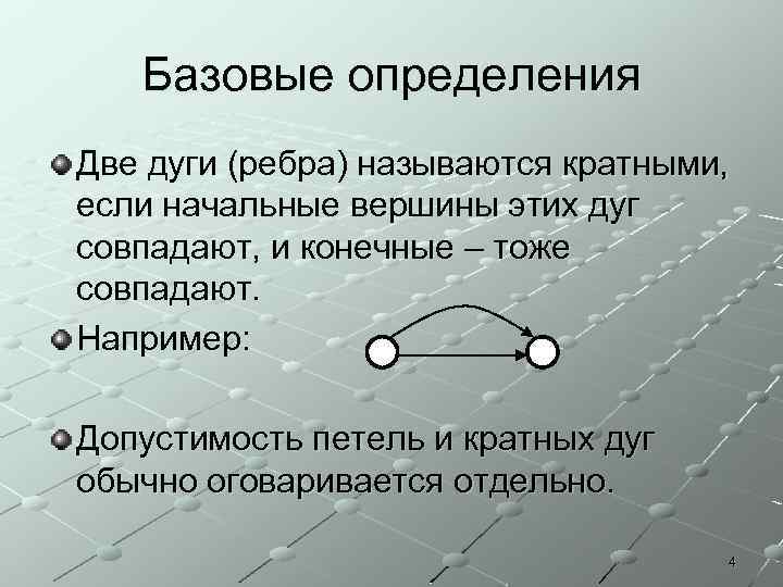 Базовые определения Две дуги (ребра) называются кратными, если начальные вершины этих дуг совпадают, и