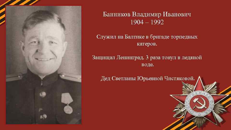 Банников Владимир Иванович 1904 – 1992 Служил на Балтике в бригаде торпедных катеров. Защищал