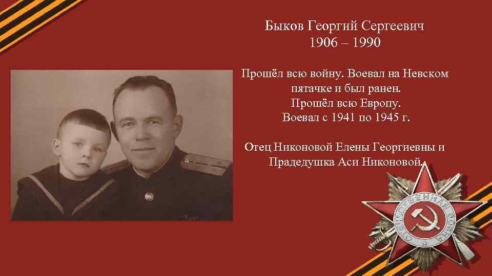 Быков Георгий Сергеевич 1906 – 1990 Прошёл всю войну. Воевал на Невском пятачке и
