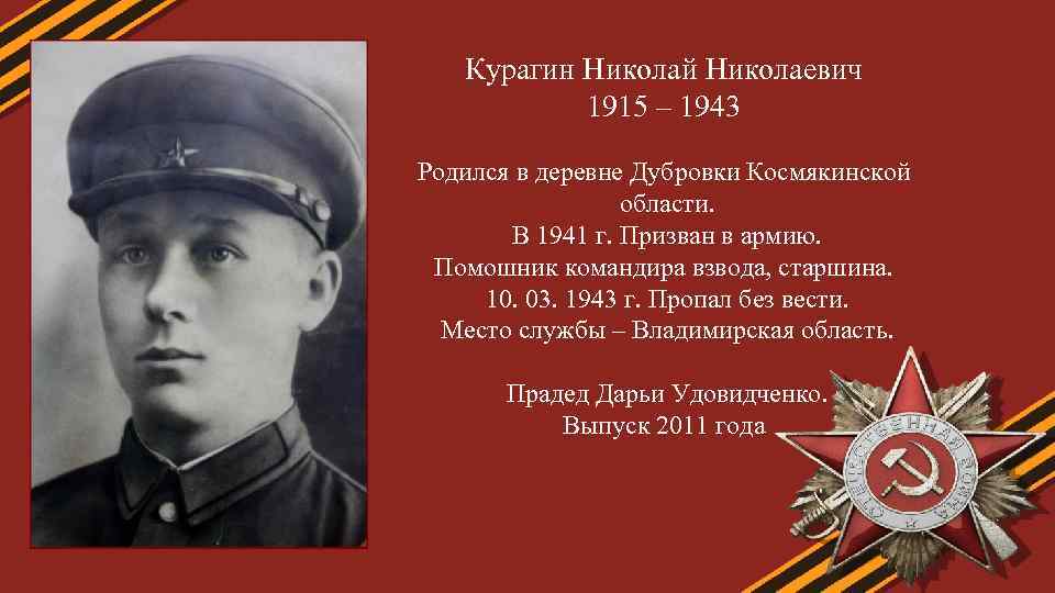 Курагин Николай Николаевич 1915 – 1943 Родился в деревне Дубровки Космякинской области. В 1941