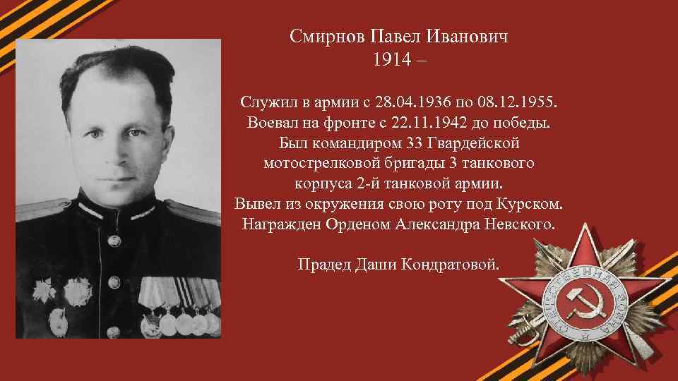 Смирнов Павел Иванович 1914 – Служил в армии с 28. 04. 1936 по 08.