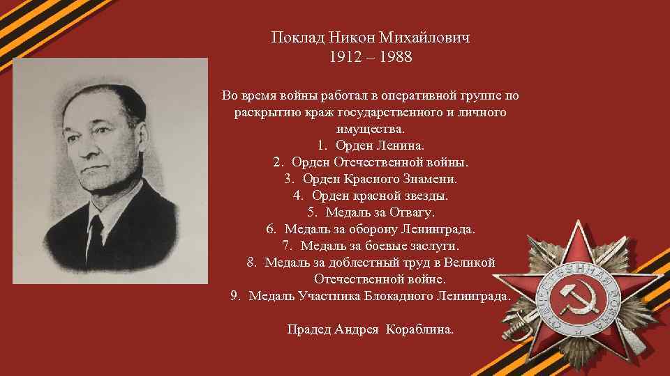 Поклад Никон Михайлович 1912 – 1988 Во время войны работал в оперативной группе по