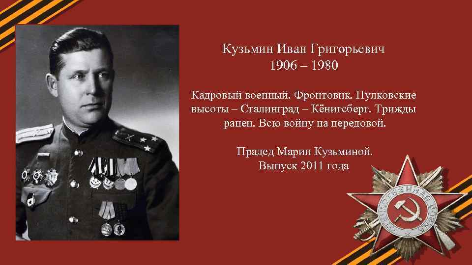 Кузьмин Иван Григорьевич 1906 – 1980 Кадровый военный. Фронтовик. Пулковские высоты – Сталинград –