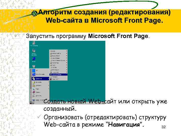 Алгоритм создания (редактирования) Web-сайта в Microsoft Front Page. ü Запустить программу Microsoft Front Page.