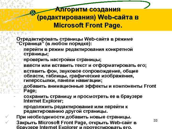 Алгоритм создания (редактирования) Web-сайта в Microsoft Front Page. ü Отредактировать страницы Web-сайта в режиме