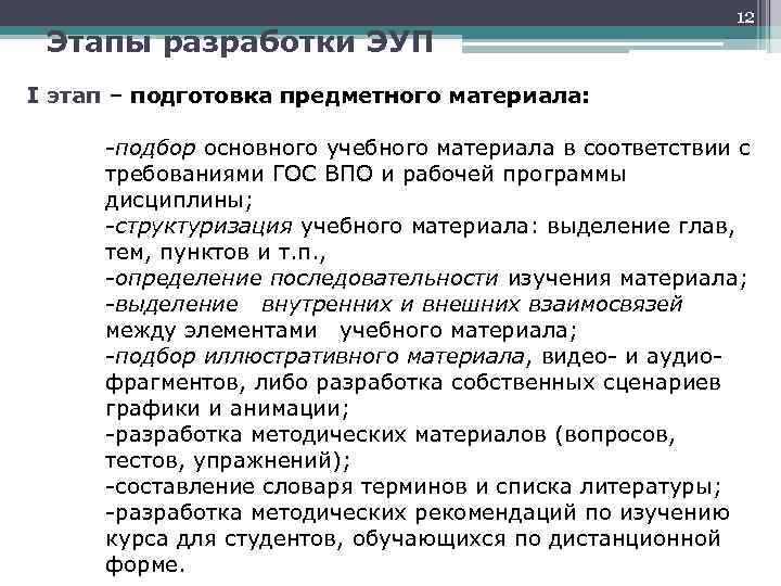 Этапы разработки ЭУП 12 I этап – подготовка предметного материала: -подбор основного учебного материала