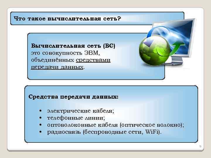 Что такое вычислительная сеть? Вычислительная сеть (ВС) – это совокупность ЭВМ, объединённых средствами передачи