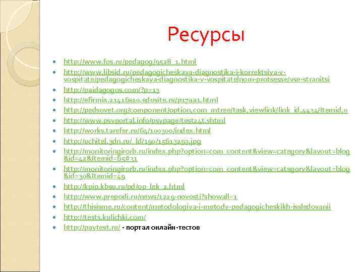 Ресурсы http: //www. fos. ru/pedagog/9528_1. html http: //www. libsid. ru/pedagogicheskaya-diagnostika-i-korrektsiya-vvospitate/pedagogicheskaya-diagnostika-v-vospitatelnom-protsesse/vse-stranitsi http: //paidagogos. com/? p=13