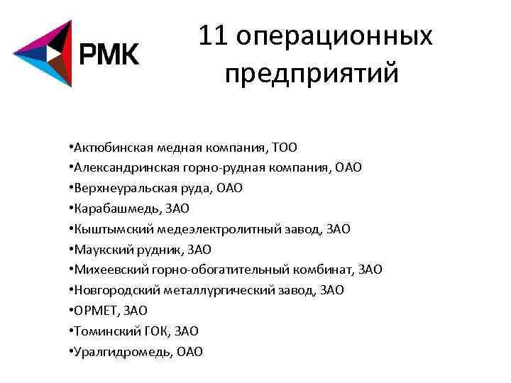 11 операционных предприятий • Актюбинская медная компания, ТОО • Александринская горно-рудная компания, ОАО •