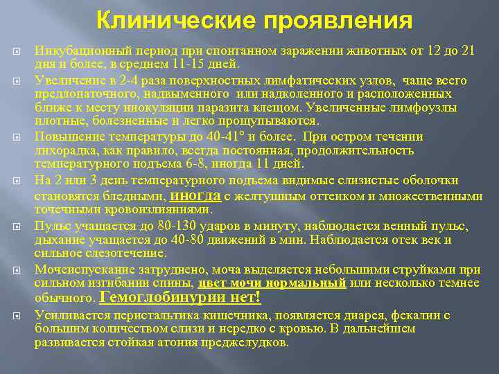 Клинические проявления Инкубационный период при спонтанном заражении животных от 12 до 21 дня и