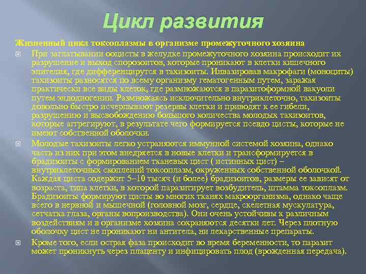 Цикл развития Жизненный цикл токсоплазмы в организме промежуточного хозяина При заглатывании ооцисты в желудке