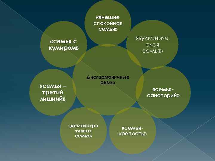  «внешне спокойная семья» «вулканиче ская семья» «семья с кумиром» «семья – третий лишний»