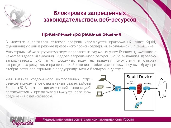 Блокировка запрещенных законодательством веб-ресурсов Применяемые программные решения В качестве анализатора сетевого трафика используется программный