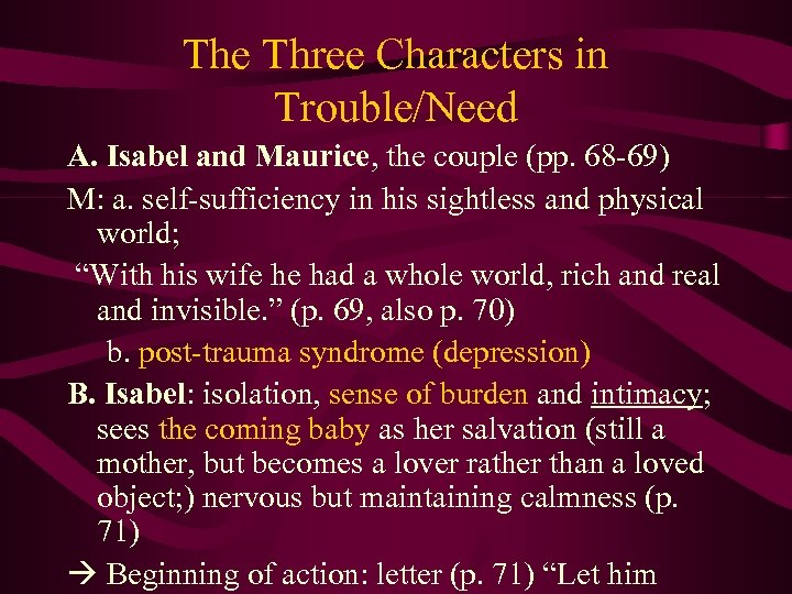 The Three Characters in Trouble/Need A. Isabel and Maurice, the couple (pp. 68 -69)