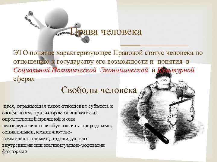 Права человека ЭТО понятие характеризующее Правовой статус человека по отношению к государству его возможности