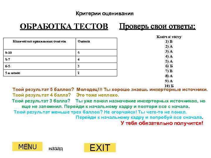 Критерии оценивания ОБРАБОТКА ТЕСТОВ Количество правильных ответов Оценка 9 -10 5 8 -7 4