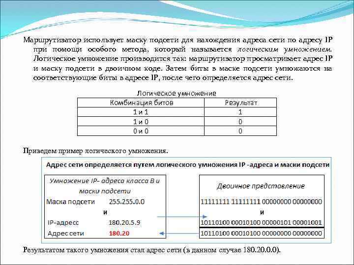Маршрутизатор использует маску подсети для нахождения адреса сети по адресу IP при помощи особого