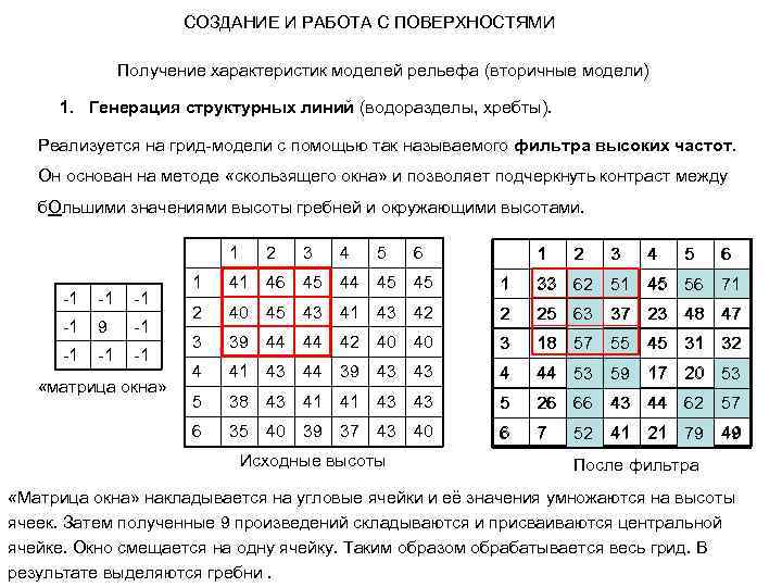 СОЗДАНИЕ И РАБОТА С ПОВЕРХНОСТЯМИ Получение характеристик моделей рельефа (вторичные модели) 1. Генерация структурных