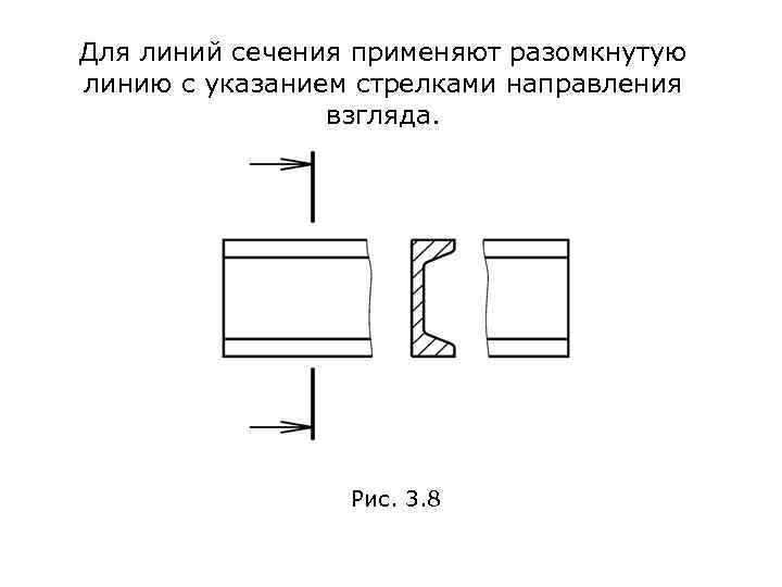 Для линий сечения применяют разомкнутую линию с указанием стрелками направления взгляда. Рис. 3. 8