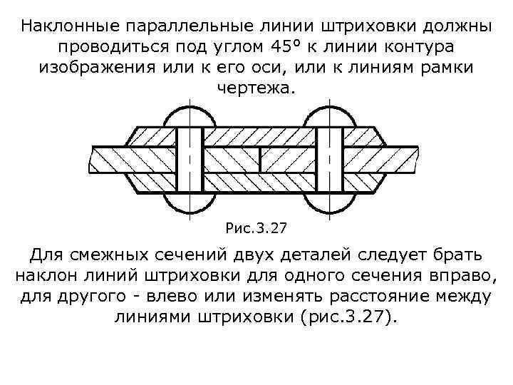 Наклонные параллельные линии штриховки должны проводиться под углом 45° к линии контура изображения или