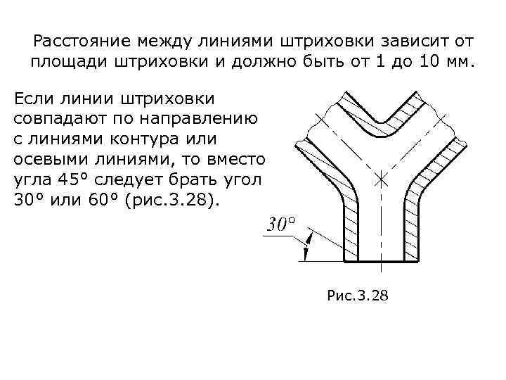 Расстояние между линиями штриховки зависит от площади штриховки и должно быть от 1 до