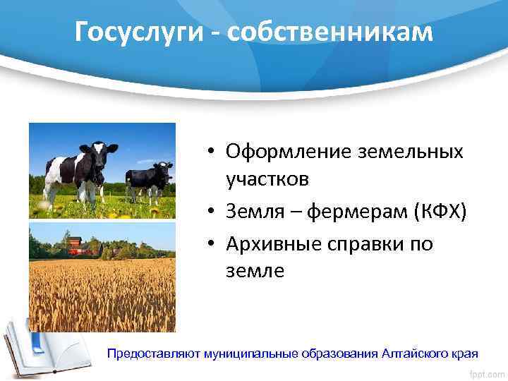 Госуслуги - собственникам • Оформление земельных участков • Земля – фермерам (КФХ) • Архивные