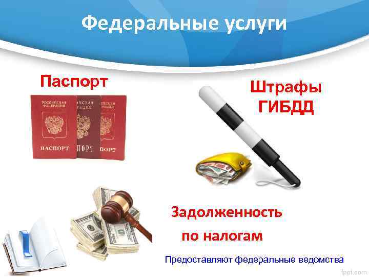 Федеральные услуги Паспорт Штрафы ГИБДД Задолженность по налогам Предоставляют федеральные ведомства 