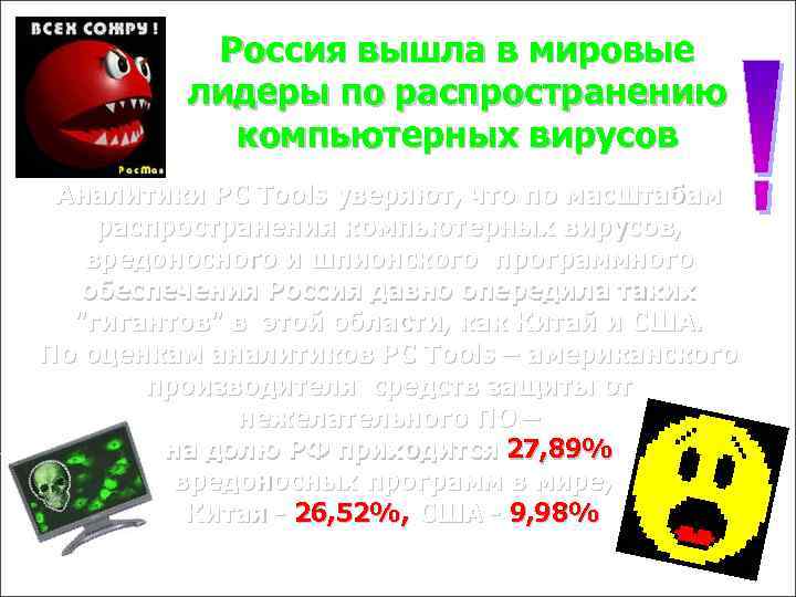 Россия вышла в мировые лидеры по распространению компьютерных вирусов Аналитики PC Tools уверяют, что