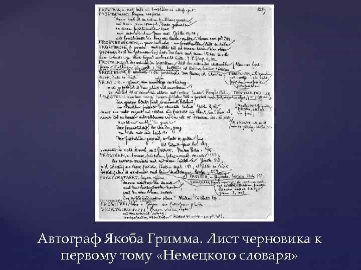 Автограф Якоба Гримма. Лист черновика к первому тому «Немецкого словаря» 