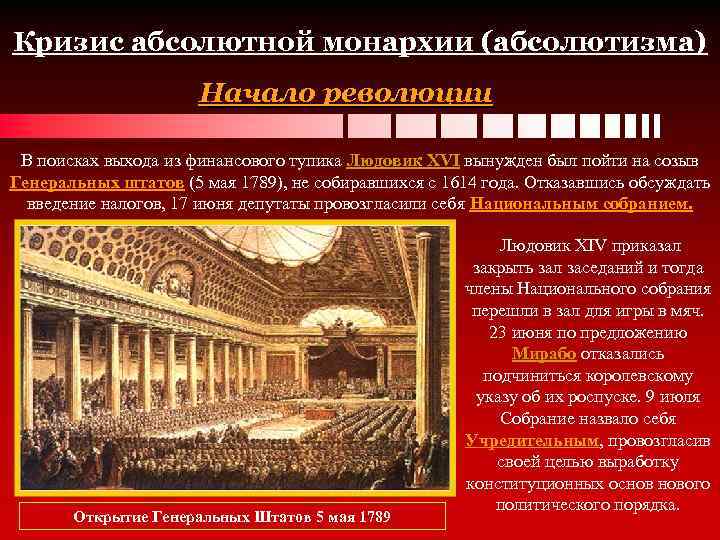 Кризис абсолютной монархии (абсолютизма) Начало революции В поисках выхода из финансового тупика Людовик XVI