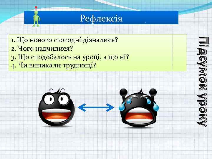 Рефлексія Підсумок уроку 1. Що нового сьогодні дізналися? 2. Чого навчилися? 3. Що сподобалось