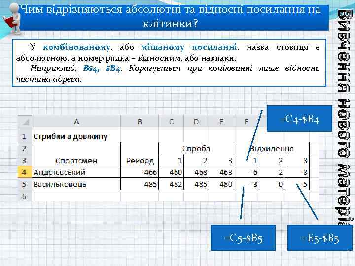 У комбінованому, або мішаному посиланні, назва стовпця є абсолютною, а номер рядка – відносним,