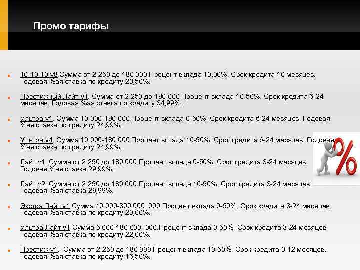 Промо тарифы 10 -10 -10 v 8. Сумма от 2 250 до 180 000.