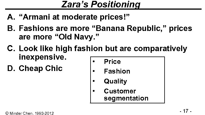 Zara’s Positioning A. “Armani at moderate prices!” B. Fashions are more “Banana Republic, ”