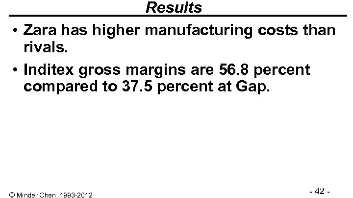 Results • Zara has higher manufacturing costs than rivals. • Inditex gross margins are