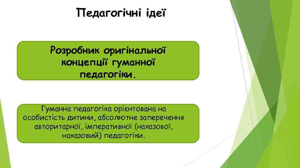 Педагогічні ідеї Розробник оригінальної концепції гуманної педагогіки. Гуманна педагогіка орієнтована на особистість дитини, абсолютне