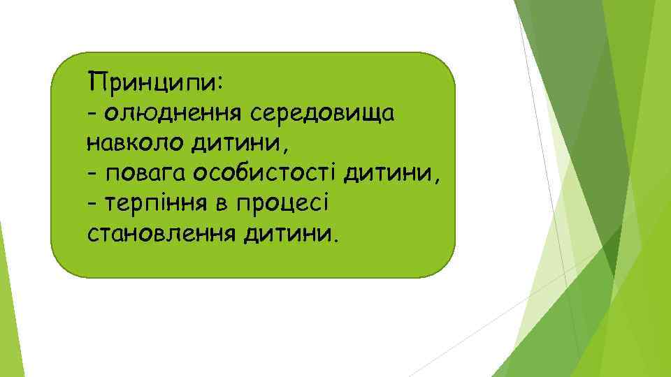 Принципи: - олюднення середовища навколо дитини, - повага особистості дитини, - терпіння в процесі