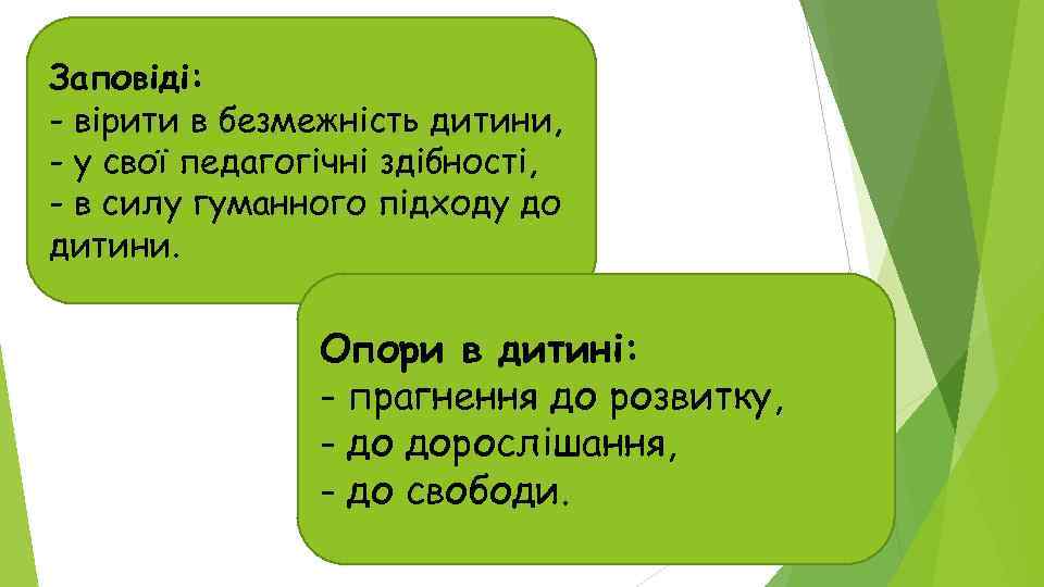 Заповіді: - вірити в безмежність дитини, - у свої педагогічні здібності, - в силу