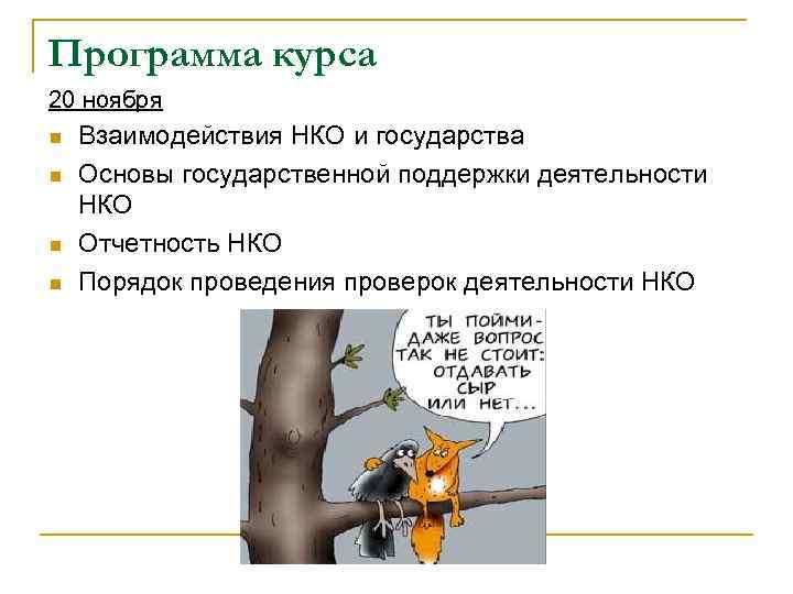 Программа курса 20 ноября n n Взаимодействия НКО и государства Основы государственной поддержки деятельности