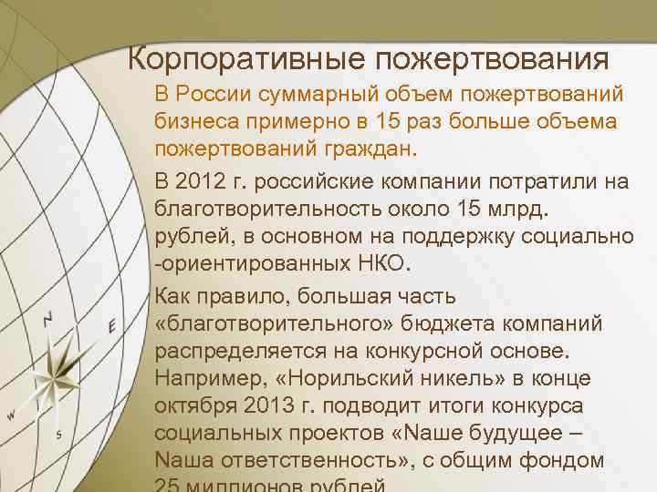 Корпоративные пожертвования В России суммарный объем пожертвований бизнеса примерно в 15 раз больше объема