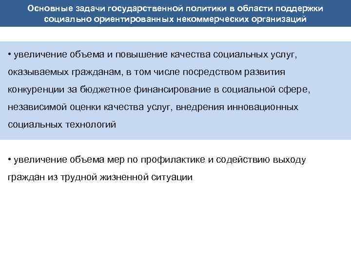 Основные задачи государственной политики в области поддержки социально ориентированных некоммерческих организаций • увеличение объема