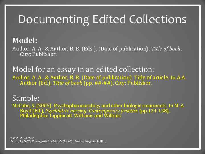 Documenting Edited Collections Model: Author, A. A. , & Author, B. B. (Eds. ).